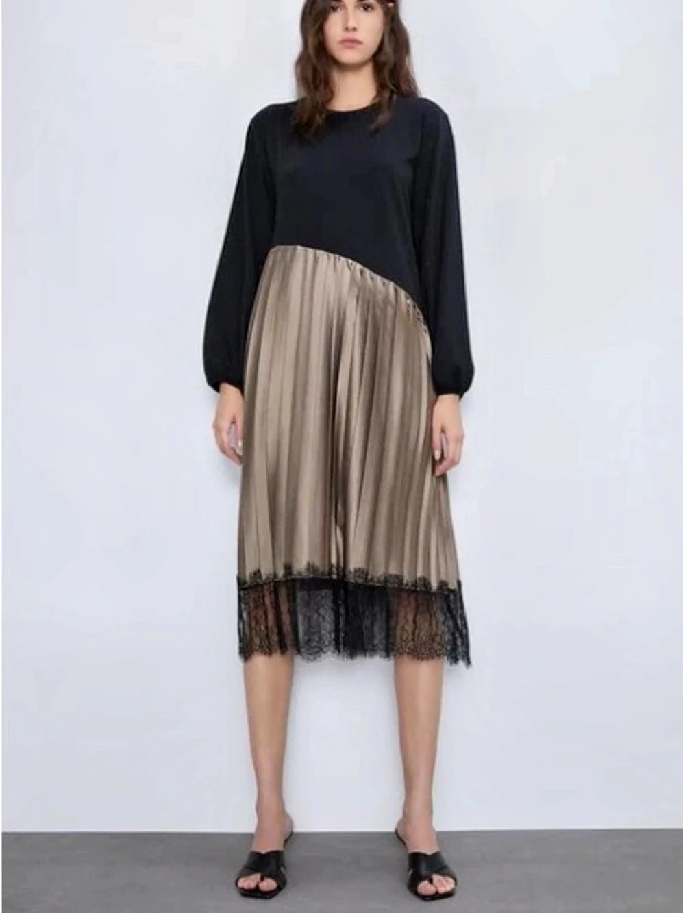 Zara Black & Brown Pleated lace Midi Dress - NWT